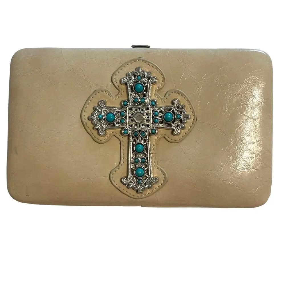 Cream Wallet with Turquoise & Silver Tone Cross